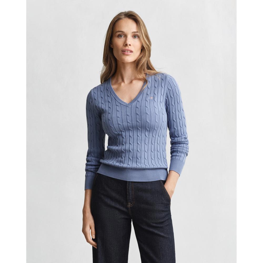 GANT Faded Denim Stretch Cotton Cable Knit V-Neck Sweater